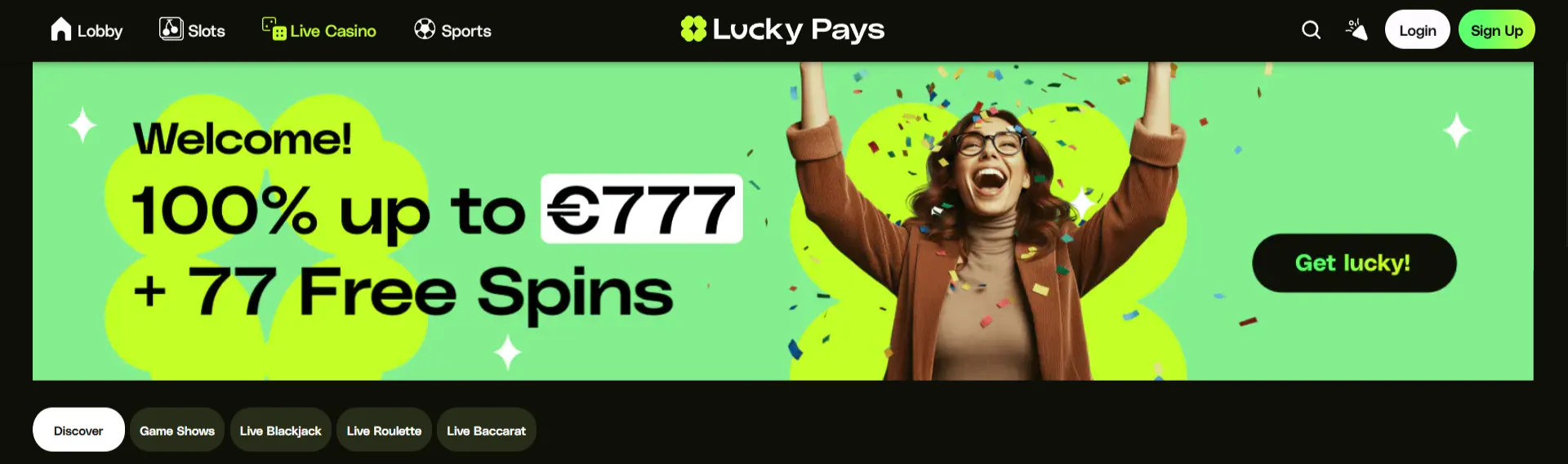 LuckyPays spellobby met categorieën en providers