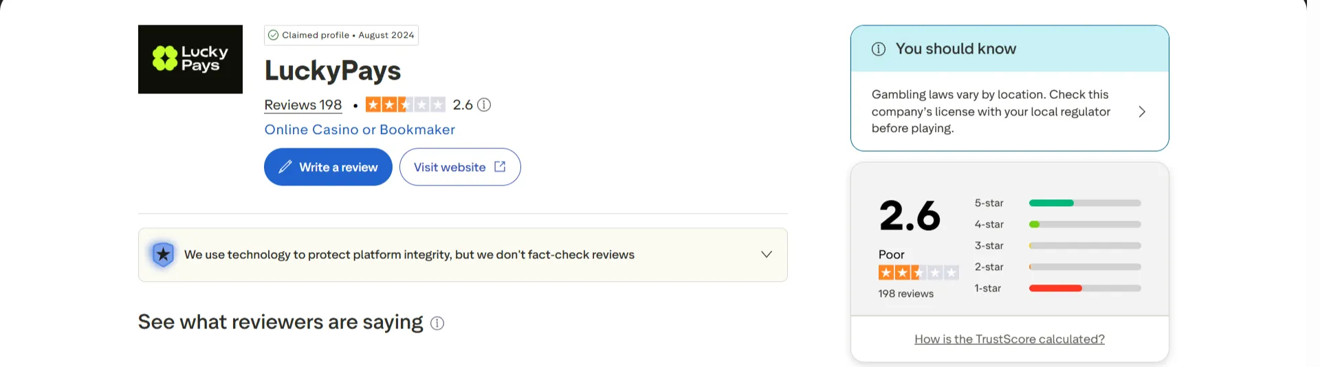Recente LuckyPays reviews op Trustpilot