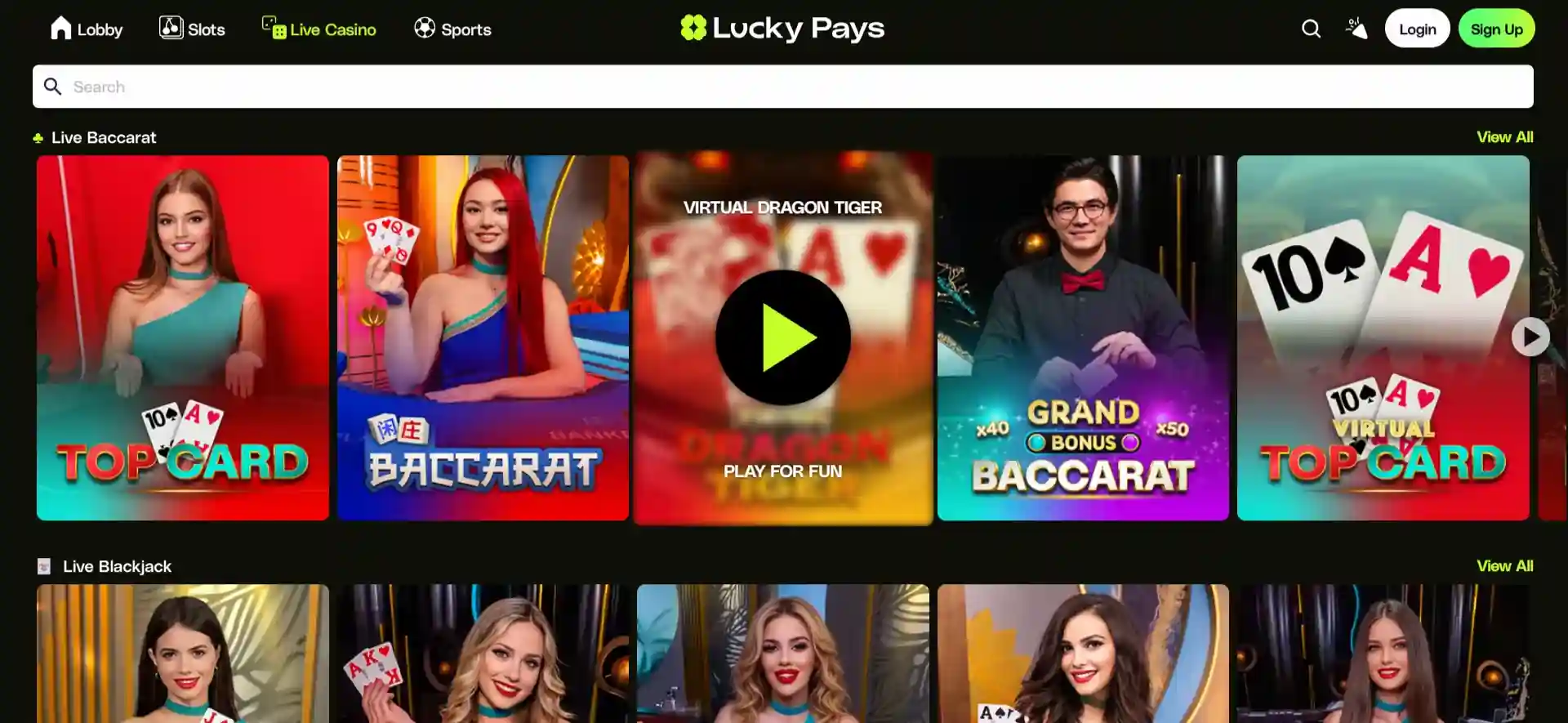 LuckyPays live-casino lobby met dealer-spellen