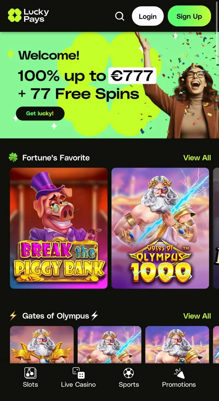 LuckyPays mobiele browserweergave