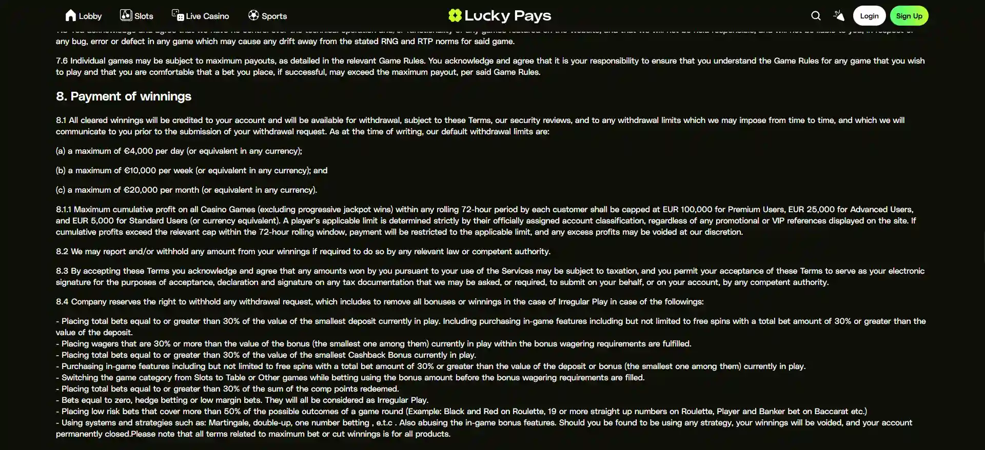 LuckyPays opname- of betaalomgeving-scherm voor een uitbetalingsverzoek