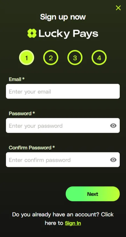 LuckyPays registratie- of verificatiescherm